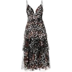 Marchesa Notte Black Applique Tiered V Neck Formal Cocktail Dress 10